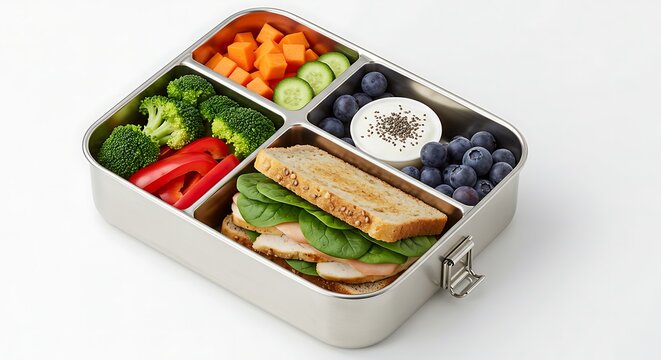 "Wholesome Meal Prep: A stainless steel bento box, gleaming against a clean white background, is perfectly packed with a nutritious and colorful lunch. 