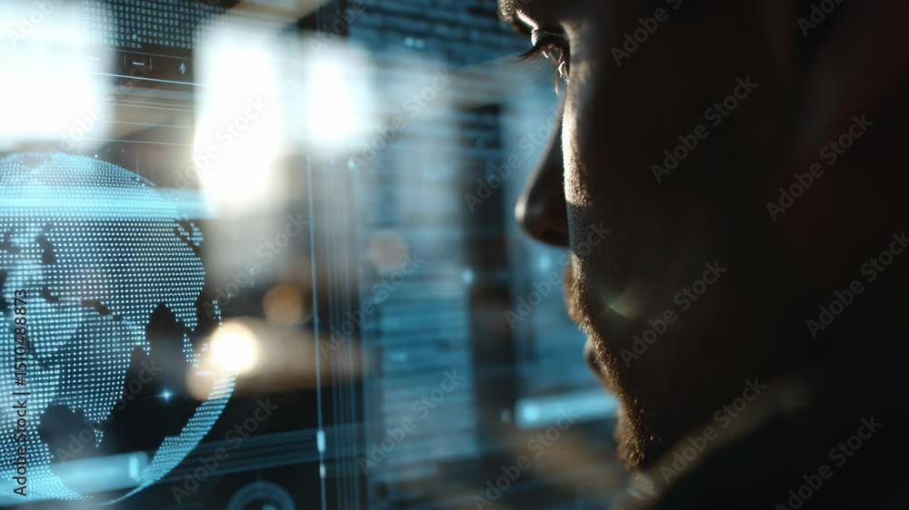 Poster close-up of a man focusing on digital data analysis in a modern workspace environment during sunset