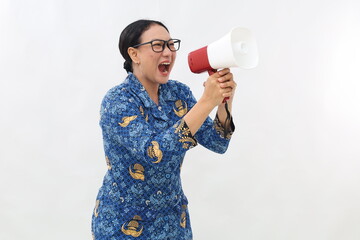 Serious woman of Asian civil servant hold scream shout in megaphone announces discounts sale Hurry...