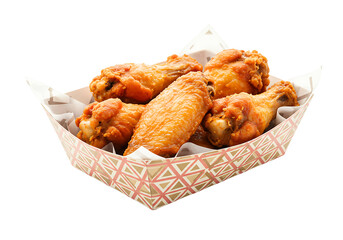 Delicious glazed chicken wings in basket isolated on transparent background