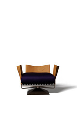 Modern swivel armchair with tan leather and dark blue fabric isolated. Please see some similar pictures from my portfolio