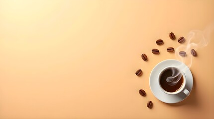 Steaming coffee cup top view with roasted beans on orange beige background