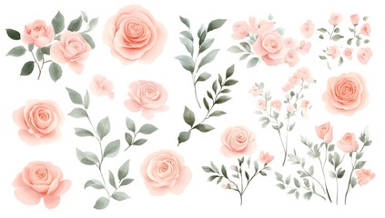 Watercolor pink floral bouquet with roses, peonies, and green leaves clip art on a white background,