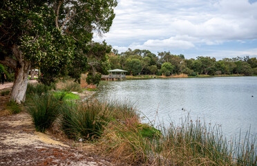 Tranquil Lakeside Scene with Trees, Grass, and a Peaceful Observation Verandah at Lake Monger, Perth, Australia, 24 April 2020