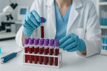 Woman holding blood-filled test tube in lab coat and gloves.
