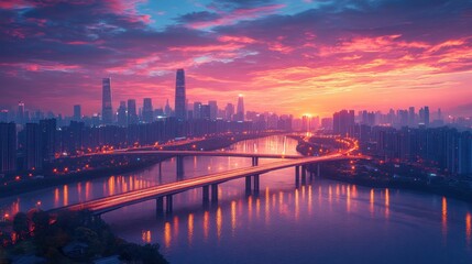 Naklejka premium Vibrant Cityscape at Sunrise