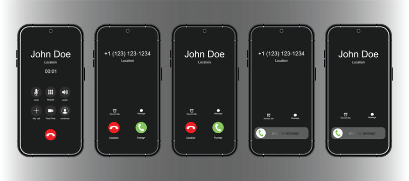 Phone call screen interface set. Accept button, reject button. Incoming call. Interface for incoming Call, Slide to Answer. Realistic UI mobile mockup template vector illustration.