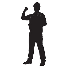 Silhouette of construction worker celebrating success with fist pump pose