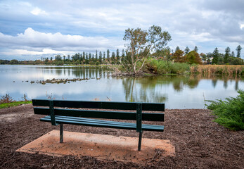 Scenic Lake Monger Scene with Bench and Scenic Nature Background, Perth, Australia, 24 April 2020