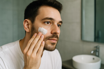 Man shaving beard in bathroom.
