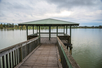 Scenic Wooden Gazebo Overlooking a Serene Lake Monger View, Perth, Australia, 24 April 2020