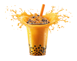 Bubbly boba drink with splash effect, featuring transparent cup filled with orange beverage and tapioca pearls. vibrant colors create energetic and refreshing vibe