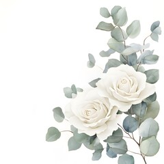 Fototapeta premium Watercolor white floral bouquet with roses, peonies, and eucalyptus leaves on an isolated background, a clipart illustration in a soft beige color palette, 