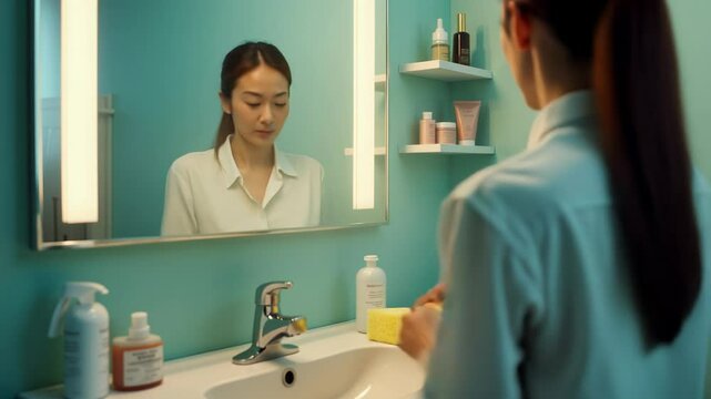 Timelapse of woman transforming messy mirror and sink into a spotless bathroom