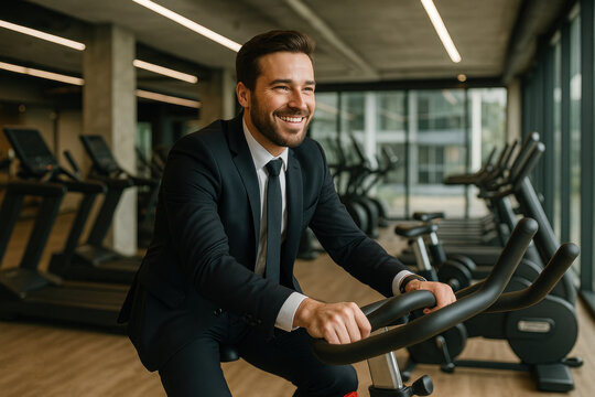 A man in a suit and tie rides a stationary bike.