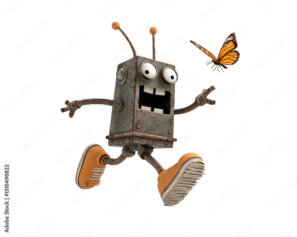Poster playful robot with silly expression is joyfully chasing butterfly, showcasing whimsical interaction 