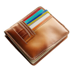 Brown leather wallet with colorful credit cards isolated on transparent background
