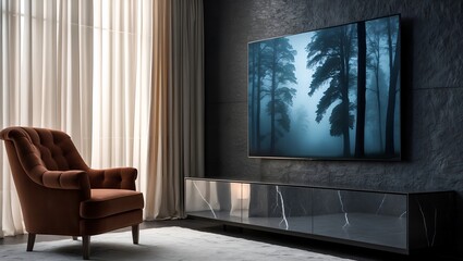 Fototapeta premium Luxury Living Room with Large Screen TV Displaying Forest Scene 