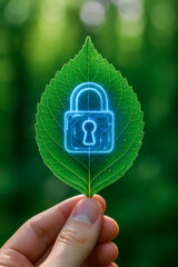Hand Holding Green Leaf with Glowing Lock Hologram