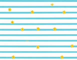 Cheerful yellow flowers scattered on a light blue and white striped background
