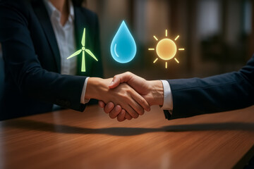 Business Handshake with Renewable Energy Icons Including Wind, Water, and Sun