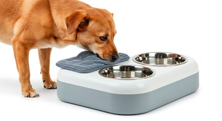 Dog smelling a gray mat on a double bowl feeder on a white background view