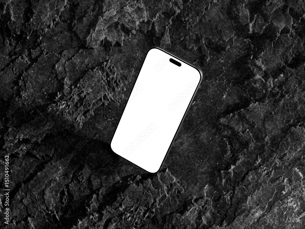 Poster modern smartphone with frame less blank screen on dark rock textured surface, ready for customizatio