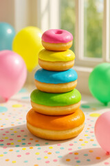 Colorful Donut Pyramid Stacked on Party Table with Balloons in Sunlight