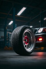 Black rubber car tire with chrome rim on a black wheel, set against the backdrop of an industrial garage.
