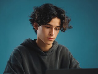 Young man looking at laptop screen with serious expression. He is dressed in casual clothing and appears focused on the task at hand.