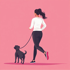 Flat illustration of an athletic woman in black leggings and a white top, running with her dog on a leash, in a simple