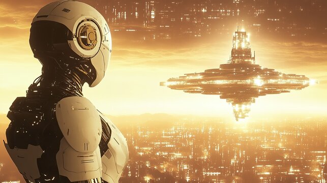 A cybernetic android gazing at a glowing space station in the distant galaxy.