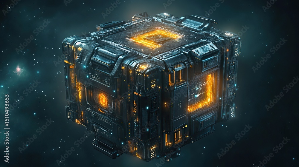 Poster a glowing ai-controlled space station floating in the depths of the universe.