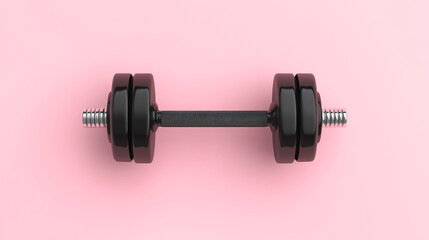 Realistic black dumbbell isolated on a clean pastel pink background, minimal fitness concept, modern vector style illustration