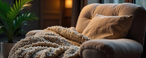 Cozy weighted blanket draped over a plush armchair, ready for a restful night's sleep Perfect for promoting relaxation and comfort , furniture, comfort, peaceful