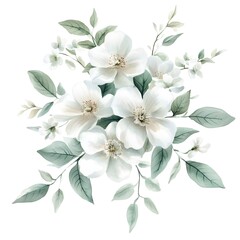 Obraz premium Watercolor white flowers and green leaves, floral bouquet illustration on an isolated background. 
