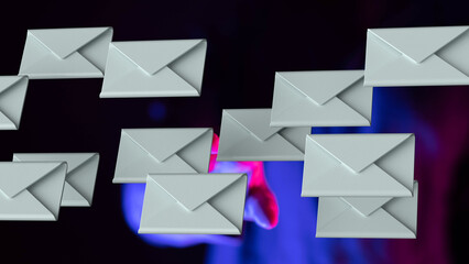 Abstract image of digital mail.  Many envelopes float, symbolizing communication and data transfer.