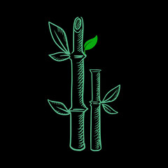 Hand drawn bamboo stalks with leaves illustration against a black background