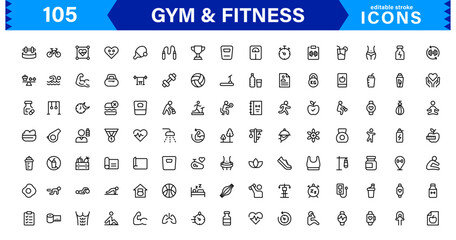 Modern Gym and Fitness Icons Showcasing Dumbbells, Muscles, Routines, Bodybuilding, and Active Lifestyle in an SEO-Optimized Vector Format