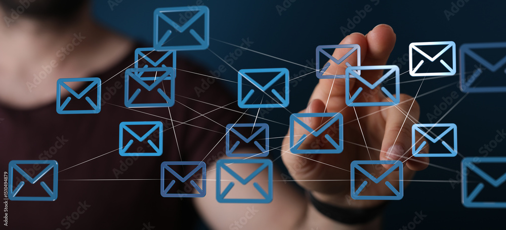 Poster digital illustration of interconnected email icons, representing global communication and networking