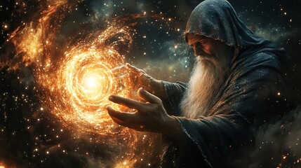 A wizard casting a powerful spell that creates an entire galaxy in his hands.
