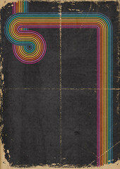 1970s background pattern. Vintage rainbow colored stripes on dark, grunge, worn out paper with scratches and folds.
