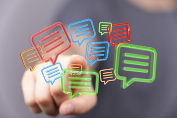 Abstract image of colorful speech bubbles representing communication network, online chat, social...