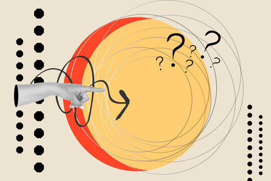 Collage of a woman hand doing pointing gesture on red and yellow circles with a directional arrow and question marks - Powered by Adobe