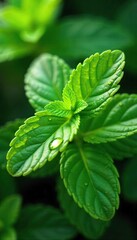 Close-up of fresh peppermint leaves, vibrant green with visible oil droplets, evoking a feeling of cool refreshment and natural purity , vibrant, fragrance, green