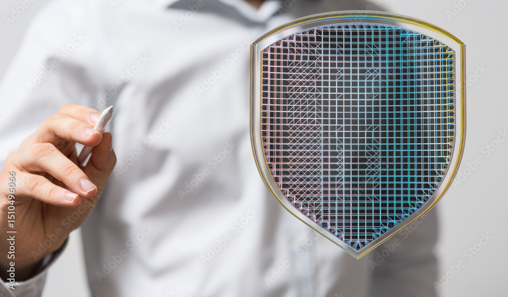 Poster abstract image depicting a digital shield, symbolizing cybersecurity, data protection, and online sa