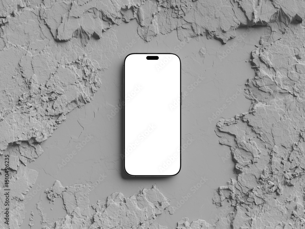 Poster modern smartphone with frame less blank screen on grey rock textured surface, ready for customizatio