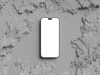 Modern smartphone with frame less blank screen on grey rock textured surface, ready for customization or design presentations. 3d render
