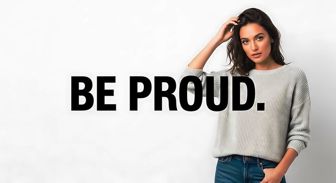 A young woman with the text "BE PROUD" against a neutral background. The image conveys a message of confidence and self-esteem. The woman looks directly at the viewer, creating a sense of empowerment.