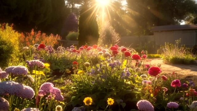 Vibrant flower garden bathed in golden sunlight